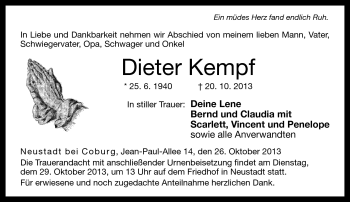 Traueranzeige von Dieter Kempf von Neue Presse Coburg