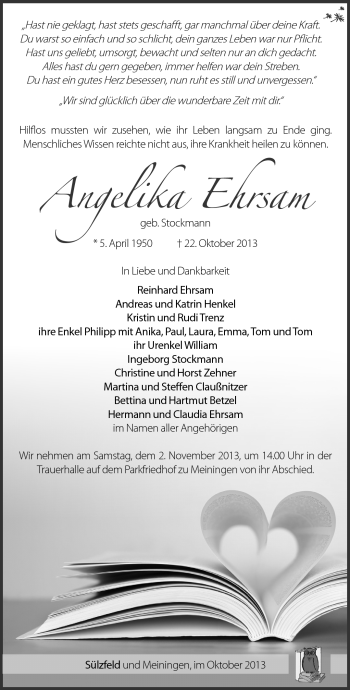 Traueranzeige von Angelika Ehrsam von Südthüringer Presse
