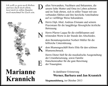 Traueranzeige von Marianne Krannich von Südthüringer Presse