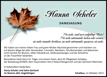 Traueranzeige von Hanna Scheler von Südthüringer Presse
