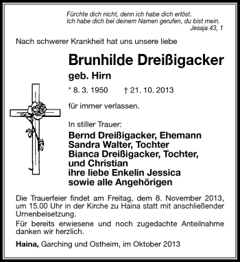Traueranzeige von Brunhilde Dreißigacker von Südthüringer Presse