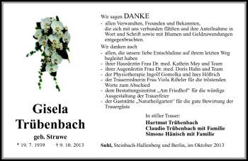 Traueranzeige von Gisela Trübenbach von Südthüringer Presse