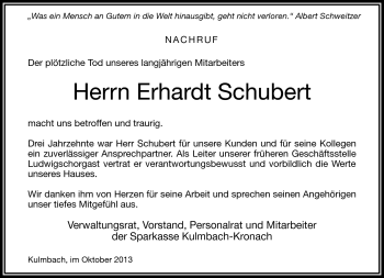 Traueranzeige von Erhardt Schubert von Frankenpost