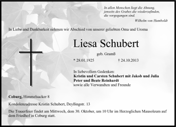 Traueranzeige von Liesa Schubert von Neue Presse Coburg