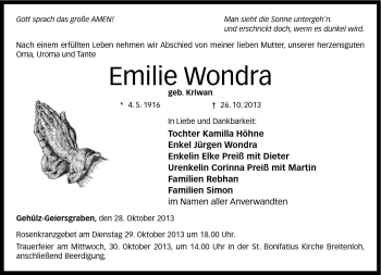 Traueranzeige von Emilie Wondra von Neue Presse Coburg