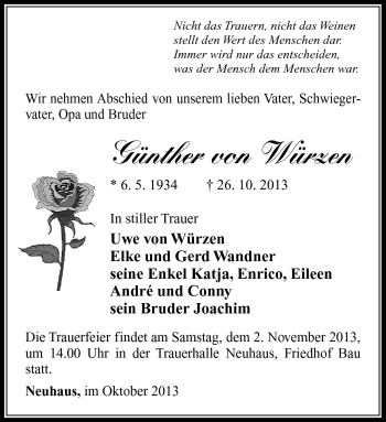 Traueranzeige von Günther von Würzen von Südthüringer Presse