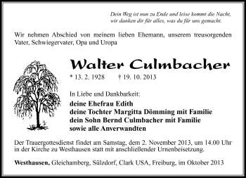Traueranzeige von Walter Culmbacher von Südthüringer Presse