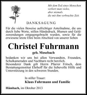 Traueranzeige von Christel Fuhrmann von Südthüringer Presse
