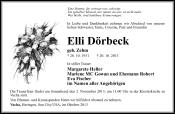 Traueranzeige von Elli Dörbeck von Südthüringer Presse