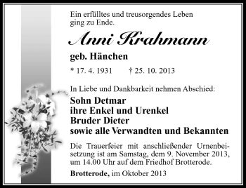 Traueranzeige von Anni Krahmann von Südthüringer Presse
