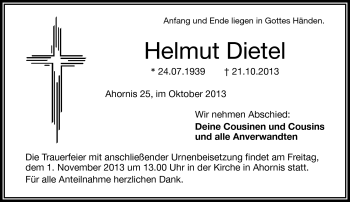 Traueranzeige von Helmut Dietel von Frankenpost