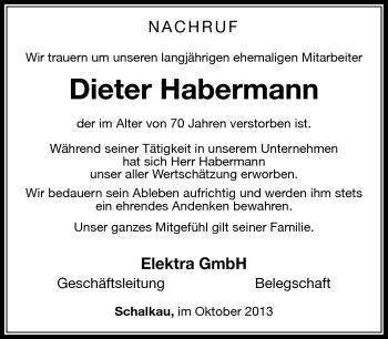 Traueranzeige von Dieter Habermann von Südthüringer Presse