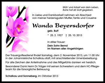 Traueranzeige von Wanda Beyersdorfer von Südthüringer Presse