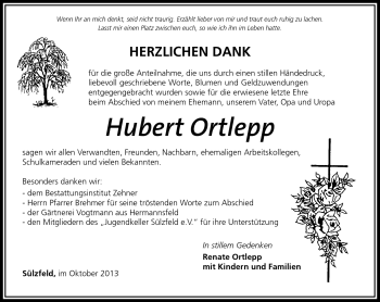 Traueranzeige von Hubert Ortlepp von Südthüringer Presse