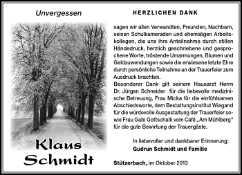 Traueranzeige von Klaus Schmidt von Südthüringer Presse