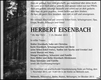 Traueranzeige von Herbert Eisenbach von Südthüringer Presse