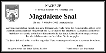 Traueranzeige von Magdalene Saal von Südthüringer Presse
