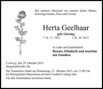 Traueranzeige von Herta Geelhaar von Neue Presse Coburg