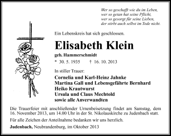 Traueranzeige von Elisabeth Klein von Südthüringer Presse