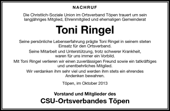 Traueranzeige von Toni Ringel von Frankenpost