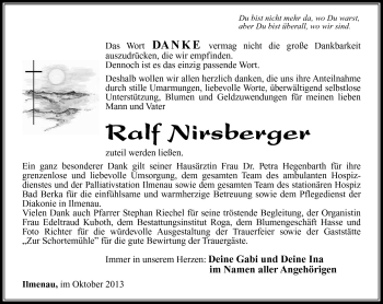 Traueranzeige von Ralf Nirsberger von Südthüringer Presse