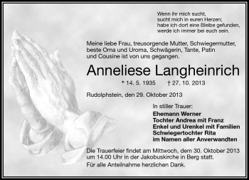 Traueranzeige von Anneliese Langheinrich von Frankenpost