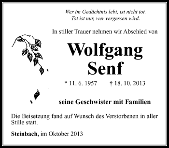 Traueranzeige von Wolfgang Senf von Südthüringer Presse