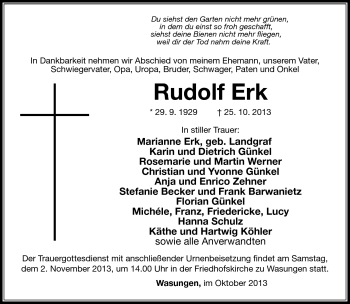 Traueranzeige von Rudolf Erk von Südthüringer Presse