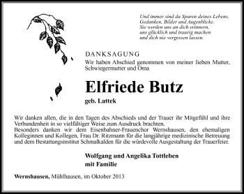 Traueranzeige von Elfriede Butz von Südthüringer Presse