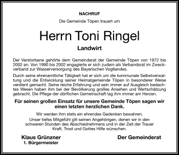 Traueranzeige von Toni Ringel von Frankenpost