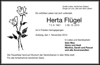 Traueranzeige von Herta Flügel von Frankenpost