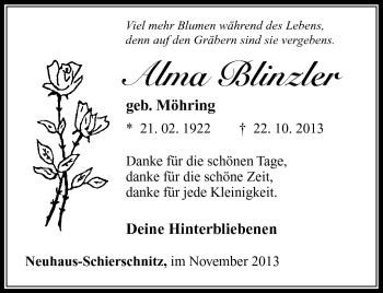Traueranzeige von Alma Blinzler von Südthüringer Presse
