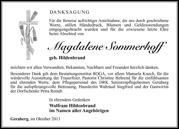 Traueranzeige von Magdalene Sommerhoff von Südthüringer Presse