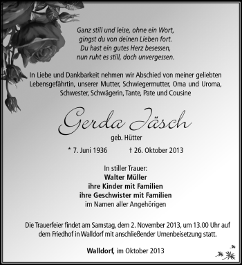 Traueranzeige von Gerda Jäsch von Südthüringer Presse