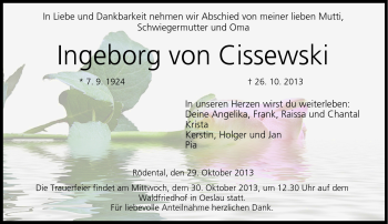 Traueranzeige von Ingeborg von Cissewski von Neue Presse Coburg
