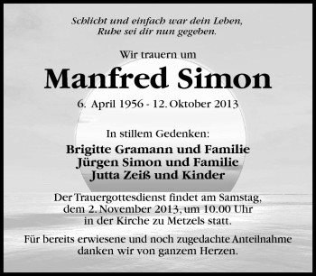 Traueranzeige von Manfred Simon von Südthüringer Presse