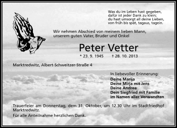 Traueranzeige von Peter Vetter von Frankenpost