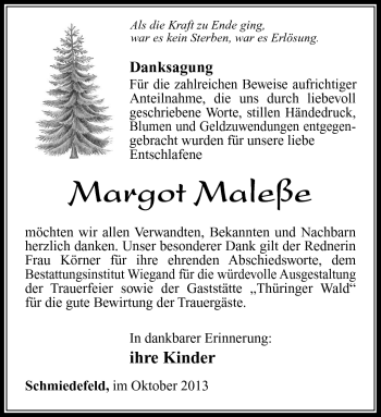 Traueranzeige von Margot Maleße von Südthüringer Presse
