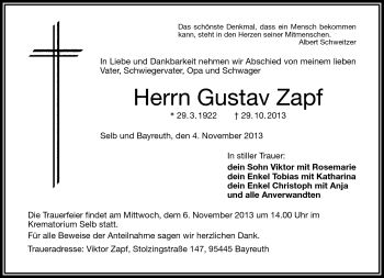 Traueranzeige von Gustav Zapf von Frankenpost