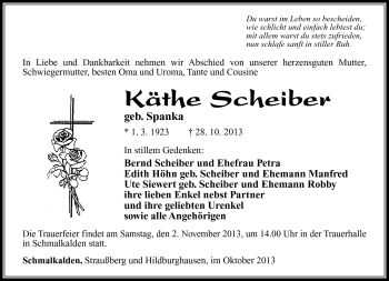 Traueranzeige von Käthe Scheiber von Südthüringer Presse