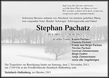 Traueranzeige von Stephan Pachatz von Südthüringer Presse