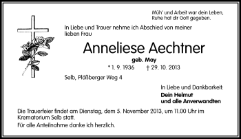 Traueranzeige von Anneliese Aechtner von Frankenpost