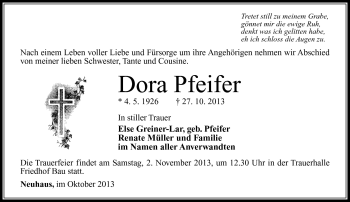 Traueranzeige von Dora Pfeifer von Südthüringer Presse