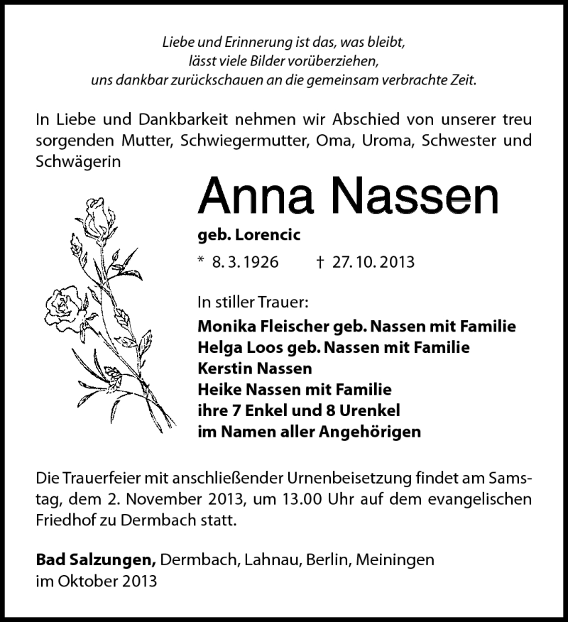 Traueranzeige für Anna Nassen vom 30.10.2013 aus Südthüringer Presse