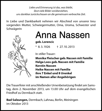 Traueranzeige von Anna Nassen von Südthüringer Presse