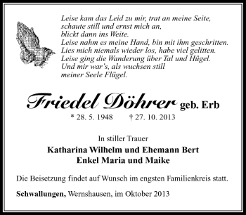 Traueranzeige von Friedel Döhrer von Südthüringer Presse