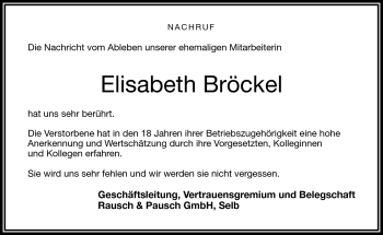 Traueranzeige von Elisabeth Bröckel von Frankenpost