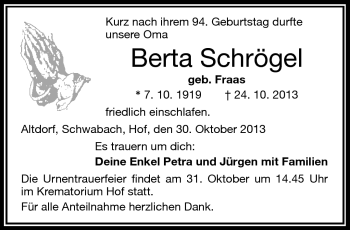 Traueranzeige von Berta Schrögel von Frankenpost