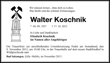 Traueranzeige von Walter Koschnik von Südthüringer Presse