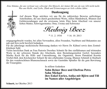 Traueranzeige von Hedwig Beez von Südthüringer Presse